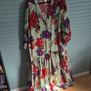 H&M Sage Maxi Dress with Red & Purple Floral Print